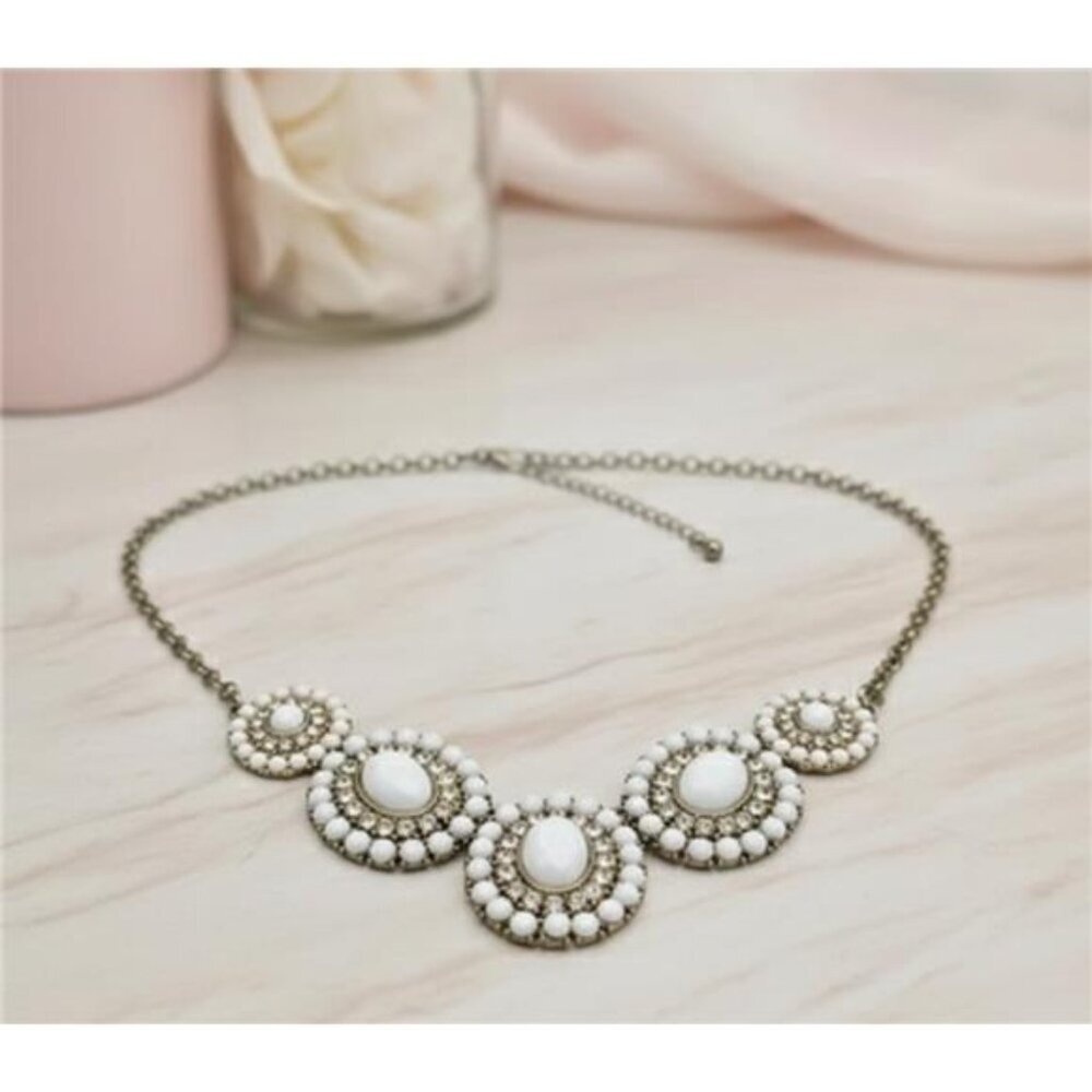 White Bead Rhinestone Bib Necklace Gold Tone 21 In Adjustable Statement